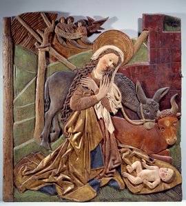 Geburt Christi (Relief auf der Innenseite des Altars in polychromem Holz der deutschen Schule, 1510) von German School