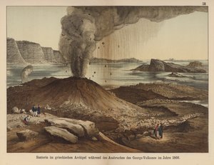 Nea Kameni, Vulkaninsel in der Caldera der griechischen Insel Santorini nach dem Ausbruch von 1866 (Farblithografie)