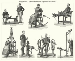 Physiotherapie: Mechanotherapie-Apparate, erfunden vom schwedischen Arzt und Orthopäden Gustav Zander