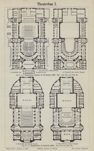 Pläne des Königlichen Theaters Wiesbaden und des Stadttheaters Rostock, Deutschland (Gravur)
