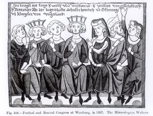 Dichter- und Musikerkongress, Wartburg, 1207, Illustration aus Wissenschaft und Literatur im Mittelalter und der Renaissance, geschrieben und graviert von Paul Lacroix, 1878