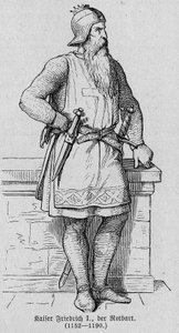 Porträt von Friedrich I. von Hohenstaufen, bekannt als Friedrich Barbarossa (1122-1190), deutscher Kaiser. Gravur in „Kaiser, König und Papst“ von Richard Roth