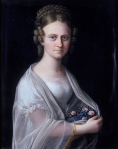 Porträt einer Frau mit rosa Rosen in den Armen von German School