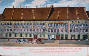 Postkarte mit dem Fuggerhaus, Augsburg