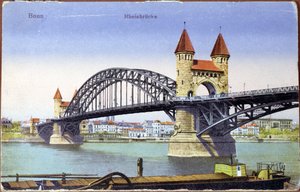 Postkarte, die die Brücke über den Rhein in Bonn zeigt, ca. 1900