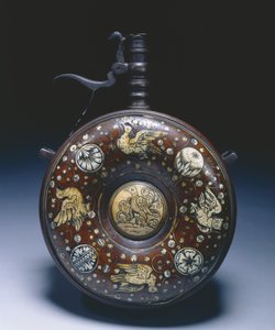 Pulverflasche, um 1620-50 (Walnuss mit Elfenbein & Stahl) von German School