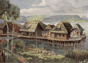 Prähistorisches europäisches Pfahlbaudorf von German School