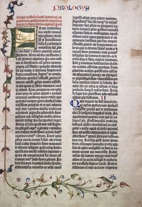 Prolog-Folio mit goldenen und grünen Buchstaben "F" und Rand aus Blättern, Blumen, Ranken und Vogel, 1455