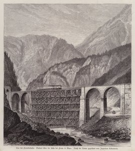 Eisenbahnviadukt über den Fluss Fella bei Ponte di Muro, Friaul, Italien (Stich) von German School
