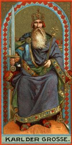 Darstellung von Karl dem Großen (742-814), König der Franken, der Langobarden und dann Kaiser. Chromolithographie von German School