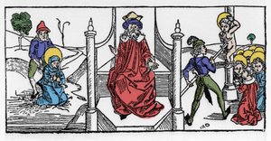 Darstellung des Martyriums der heiligen Symphorosa, einer Christin des 2. Jahrhunderts, und ihrer sieben Söhne, unter der Herrschaft von Kaiser Hadrian. Gravur aus „Leben der Heiligen - Sommerteil“ von Jacobus (James) von Voragine (1228-1298) von German School