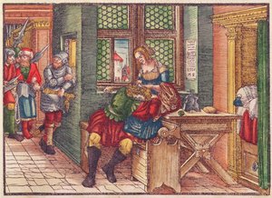 Samson und Delilah, aus der Lutherbibel, ca. 1530 (kolorierter Holzschnitt)