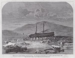 Schoner Germania bei der Sabine-Insel vor der Ostküste Grönlands, zweite deutsche Nordpolarexpedition, Ende Oktober 1869 (Stich)