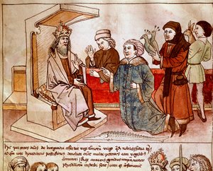 Sigismund I. von Luxemburg (1368-1437), Kaiser des Heiligen Römischen Reiches, empfängt den Tribut der unterworfenen Völker. Miniatur aus „Chroniken des Konzils von Konstanz“ von Ulrich Richental (1360-1437) um 1438, Prag, Nationalbibliothek von German School