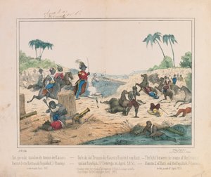 Gefecht zwischen Truppen von Kaiser Faustin I. von Haiti und der Dominikanischen Republik Santo Domingo im April 1851, illustriertes Flugblatt, veröffentlicht von Fried. Schulz Verlag, Stuttgart, 1851