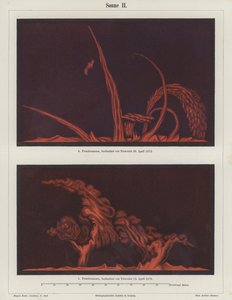 Sonnenprotuberanzen beobachtet von dem französischen Künstler und Astronomen Etienne Leopold Trouvelot am 15. und 29. April 1872