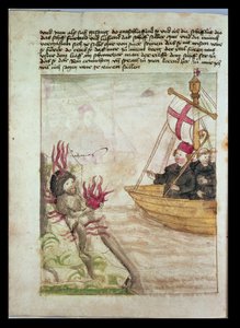 St. Brendan in seinem Schiff, aus der deutschen Übersetzung von Navigatio Sancti Brendani Abbatis, ca. 1476 von German School