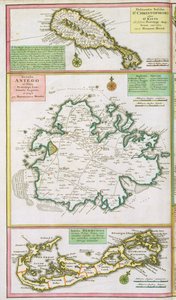 St. Kitts, Antigua und Bermuda, Detail aus einer Karte der englischen Kolonien in der Karibik, veröffentlicht von Homanns Erben, Nürnberg, ca. 1750