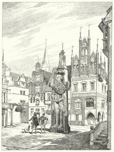 Statue von Roland, errichtet 1404 vor der Kathedrale in Bremen, Deutschland (Gravur) von German School