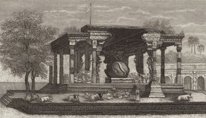 Statue des heiligen Stiers Nandi in einem Hindu-Tempel in Tanjore, Indien. Illustration für Bilder-Atlas von German School