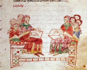Lehrszene in einer Miniaturschule aus dem Band „de Gymnasium“ in „De Universo“ (oder De rerum naturis (Von der Natur der Dinge)) (cod. 132) von Rabanus Maurus Magnentius (oder Raban Maur oder Rabano Mauro) (ca. 780-856) von German School