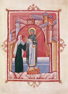 Die Äbtissin Hilda bietet das Evangelium der hl. Walburga an