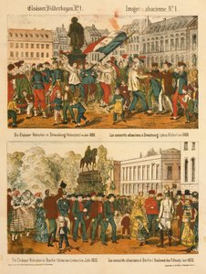 Die Elsass-Rekruten in Straßburg (Kleberplatz) 1869 und in Berlin (Unter den Linden) 1872, aus Elsaesser Bilderbogen, veröffentlicht von A. Schneider, Straßburg, 1873