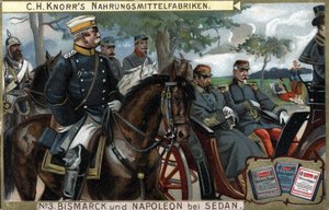 Die Schlacht von Sedan, Krieg von 1870: General Otto von Bismarck (1815-1898), König von Preußen, eskortiert Kaiser Napoleon III. (Louis Napoleon Bonaparte von German School