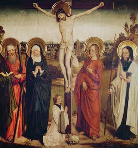 Die Kreuzigung, mit dem Heiligen Andreas, dem Heiligen Matthäus und einem Mann, der am Fuß des Kreuzes kniet