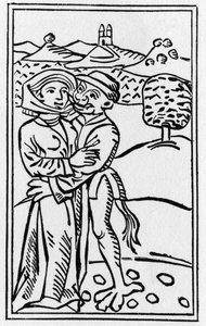 Der Teufel verliebt in die Hexe (Der Kuss des Teufels) - Gravur von 1489 in „De lamiis et pythonicis mulieribus“ von Ulrich Molitor von German School