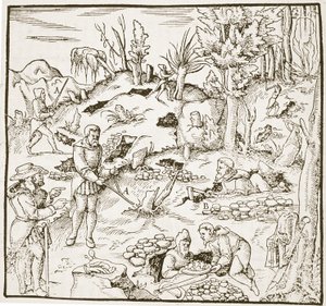 Die Wünschelrute, aus Bergwerk Buch von Georg Agricola, Frankfurt 1580, illustriert in einer Geschichte der Magie, veröffentlicht im späten 19. Jahrhundert