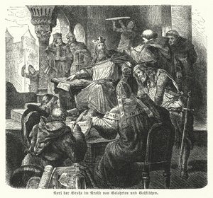 Der Kaiser Karl der Große umgeben von Gelehrten und Klerikern von German School