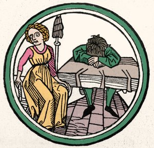 Die vier Temperamente: Melancholisch. Xylographie, Augsburg 1480 von German School