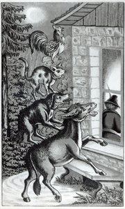 Die vier Tiere schreien am Fenster, Illustration für Die Bremer Stadtmusikanten, Märchen der Brüder Grimm von German School
