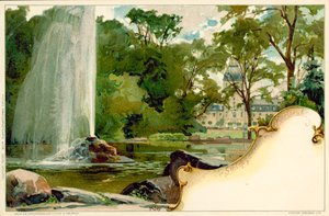 Der Schlossgarten und das Karlsruher Schloss in Karlsruhe, Deutschland (Farblithographie)
