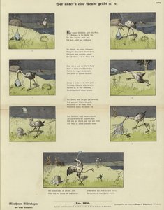Der Storch und der Frosch in einer Vase (farbige Gravur)