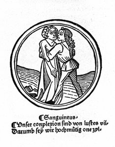 Die vier Temperamente: das Blut (warm und freundlich). Xylographie, Augsburg 1480