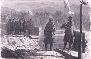 Die Friedensverhandlungen - ein Treffen an der Brücke von Sèvres, Cassells Geschichte des Krieges zwischen Frankreich und Deutschland, veröffentlicht von Cassell and Company Limited, ca. 1890 (Lithografie)