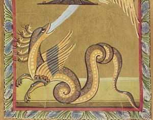 Der siebenköpfige Drache versucht, die Frau zu verletzen, indem er einen Wasserstrom ausspuckt, Faksimile der Bamberger Apokalypse von German School