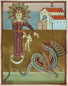 Die mit der Sonne bekleidete Frau wird vom Drachen mit sieben Köpfen angegriffen, Faksimile der Bamberger Apokalypse