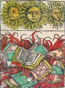 Drei Sonnen und Bücherverbrennung, veröffentlicht in der Nürnberger Chronik, 1493