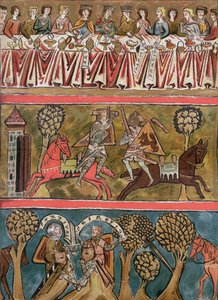 Drei Szenen aus Parsifal von Wolfram von Eschenbach (gest. ca. 1230) Faksimile aus einem Manuskript des 13. Jahrhunderts