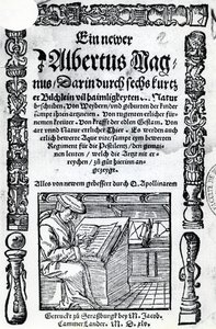Titelseite für einen neuen Albertus Magnus: sechs kurze Bücher, die viele der Geheimnisse der Natur beschreiben, veröffentlicht 1514 von German School