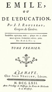 Titelseite der ersten Ausgabe von Emile von Jean-Jacques Rousseau, veröffentlicht 1762 (Stich)