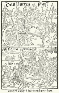 Titelseite der ersten Ausgabe von Sebastian Brants Narrenschiff, gedruckt von Johann Bergmann von Olpe in Basel im Jahr 1491 (Stich)