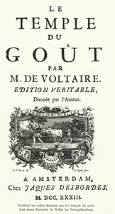 Titelseite der Erstausgabe von Le Temple du Gout des französischen Schriftstellers und Philosophen Voltaire