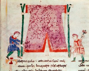 Zwei Männer stehen vor einem Zelt. Miniatur aus dem Manuskript „De Universo“ oder „De rerum naturis“ (Von der Natur der Dinge) von Rabanus Maurus Magnentius (ca. 780-856). 9. Jahrhundert. Archiv der Abtei Monte Cassino