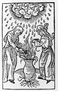 Zwei Hexen bereiten einen Trank zu, beschwören einen Hagelsturm - Gravur aus „de lanijs et phitonicis mulieribus“, Köln von German School