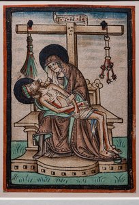 Vesperbild (Beweinung), Aquarell-Holzschnitt von deutschem Graveur, ca. 1450. Die Symbole der Passion Christi hängen vom Kreuz. von German School