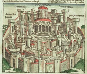 Ansicht der ummauerten Stadt Jerusalem mit dem Tempel Salomos und den Stadttoren, aus der Nürnberger Chronik von Hartmann Schedel, 1493 von German School